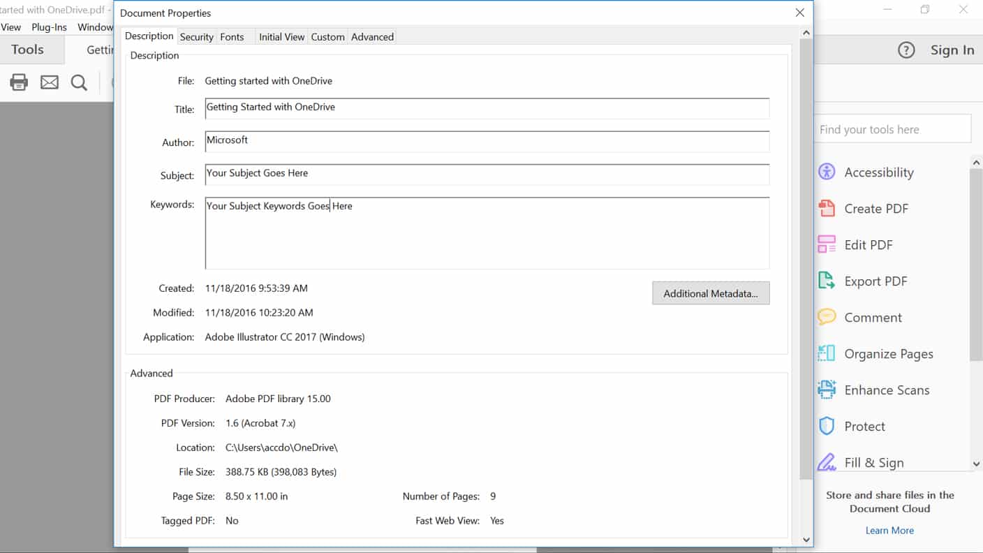 Screenshot of the PDF Document Properties in Adobe DC Pro