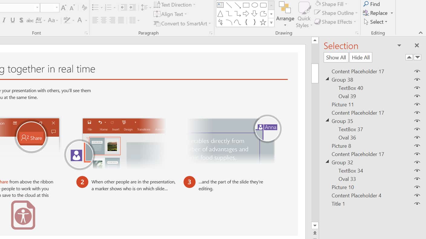 Check the reading order in the Powerpoint Selection Pane (Screenshot)